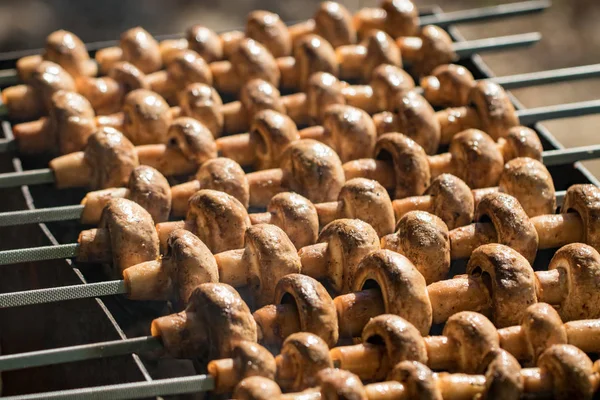 Champignons Grillés Sur Des Brochettes Cuites Dans Brasero Gros Plan — Photo