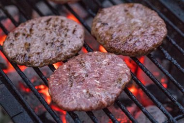 Çeşitli karışık ızgara tavuk eti ve domuz eti, yaz aile akşam yemeği için pişmiş Barbekü ızgara üzerinde kavurma sosis.