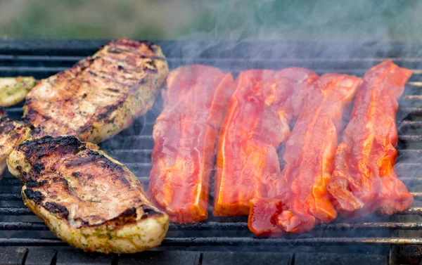 Geassorteerde Mixed Grill Van Kippenvlees Varkensvlees Worstjes Roosteren Barbecue Net — Stockfoto