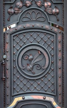 Güzel dekoratif metal elementler dövülmüş demir kapılar..