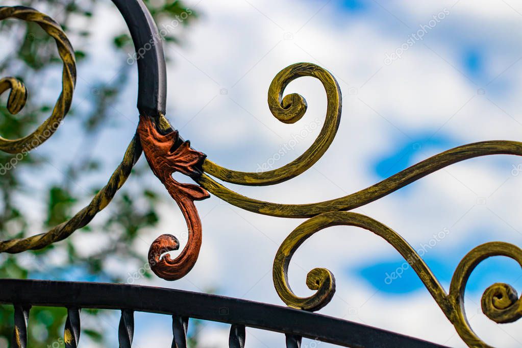 ornate wrought-iron elements of metal gate decoration.