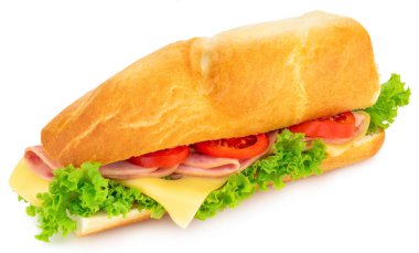 Jambon, peynir, domates ve üzerinde beyaz adam izole marul ile taze baget sandviç