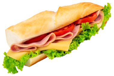 Jambon, peynir, domates ve üzerinde beyaz adam izole marul ile taze baget sandviç
