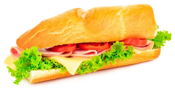 Vers Stokbrood Sandwich Met Ham Kaas Tomaten Sla Geïsoleerd Een — Stockfoto