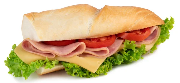 Fresh Baguette Sandwich Ham Cheese Tomatoes Lettuce Isolated White Backgroun — Stock Photo, Image