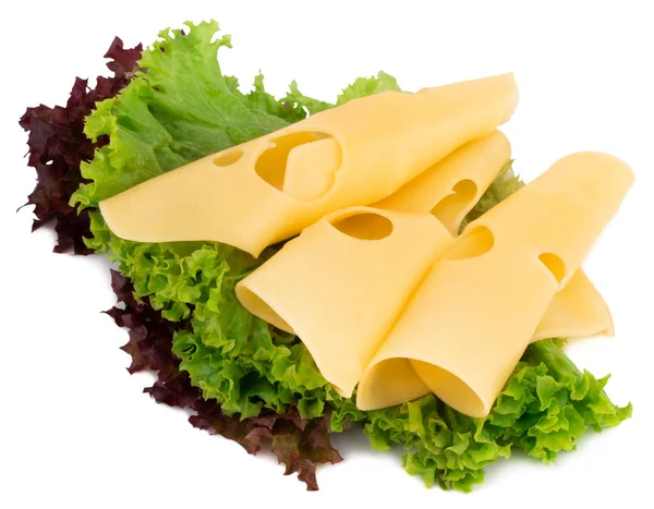 Cheese Slices Fresh Green Lettuce Isolated White Background — Stock Photo, Image