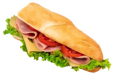 Jambon, peynir, domates ve üzerinde beyaz adam izole marul ile taze baget sandviç