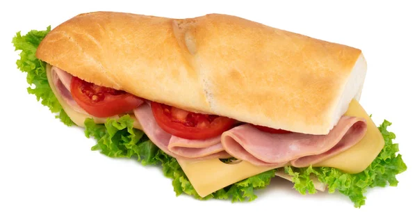 Vers Stokbrood Sandwich Met Ham Kaas Tomaten Sla Geïsoleerd Een — Stockfoto