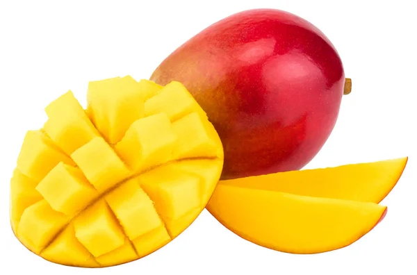 Mangofrucht Mit Mangowürfeln Und Scheiben Isoliert Auf Weißem Hintergrund — Stockfoto