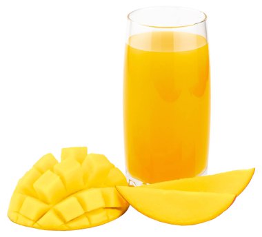 Beyaz arka plan üzerinde izole mango dilim mango suyu. mango suyu.