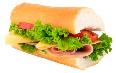 Jambon, peynir, domates ve beyaz arka plan üzerinde izole marul ile taze baget sandviç.