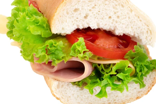 Färsk Baguette Smörgås Med Skinka Ost Tomater Och Sallad Isolerad — Stockfoto