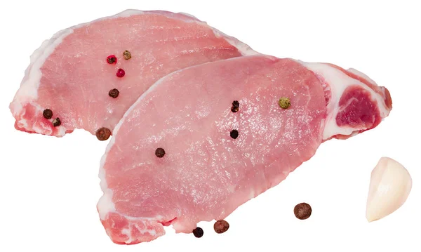 Frische Rohe Schweinefleischsteaks Isoliert Auf Weißem Hintergrund Mit Schneideweg — Stockfoto