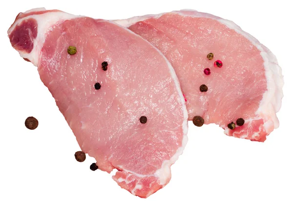 Frische Rohe Schweinefleischsteaks Isoliert Auf Weißem Hintergrund Mit Schneideweg — Stockfoto