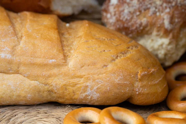 Brood Van Witte Volkoren Brood Bagels Broodjes Close Home Bakkerij — Stockfoto