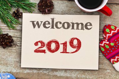 Tatil dekorasyon ve defter metin ile 2019 hoş geldiniz.