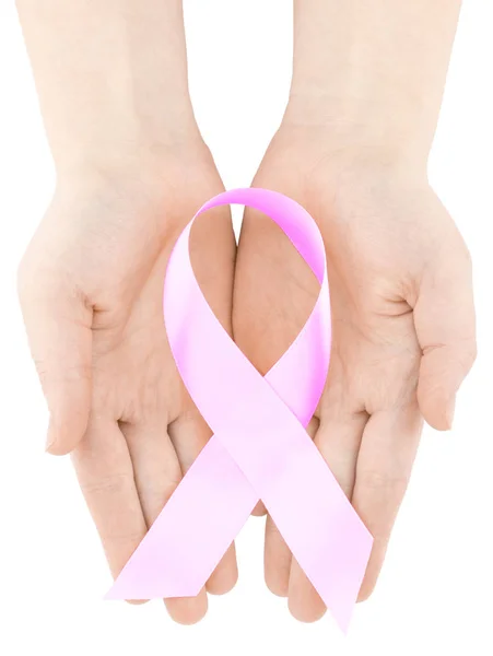 薬と健康管理コンセプト 梨花両手ピンク乳がん啓発リボン — ストック写真