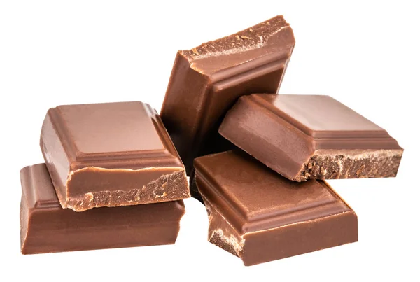Mjölk Choklad Bitar Isolerad Vit Bakgrund Med Urklippsbana — Stockfoto