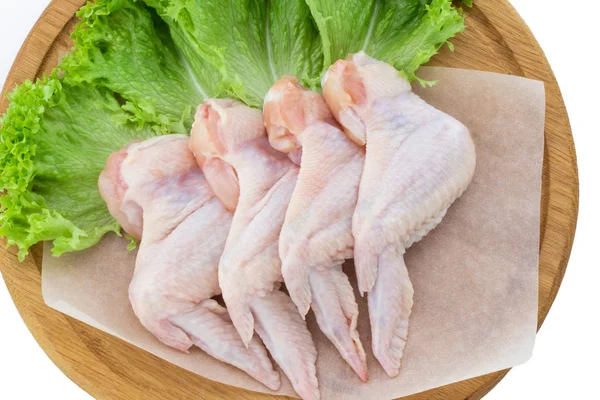 Top View Raw Chicken Wings Wooden Cutting Board Isolated White — Stock Photo, Image