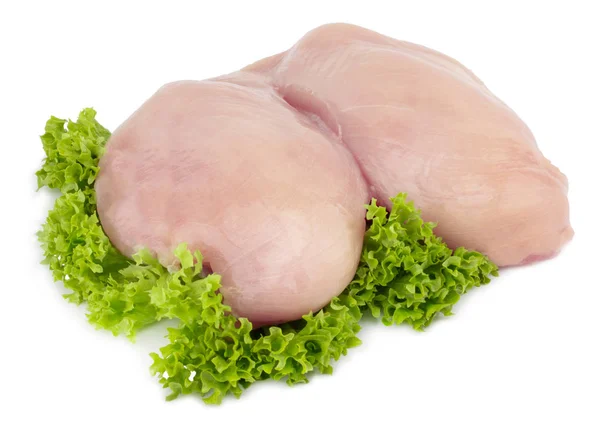 Raw Chicken Breast Fillets Lettuce Isolated White Background — Stock Photo, Image