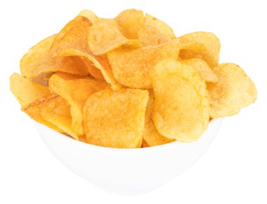 Patates cipsi izole üzerinde beyaz arka plan, kırpma pa ile kase