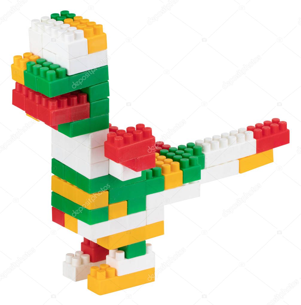 dinosaur made of plastic building blocks isolated on white backg