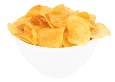 Patates cipsi izole üzerinde beyaz arka plan, kırpma pa ile kase