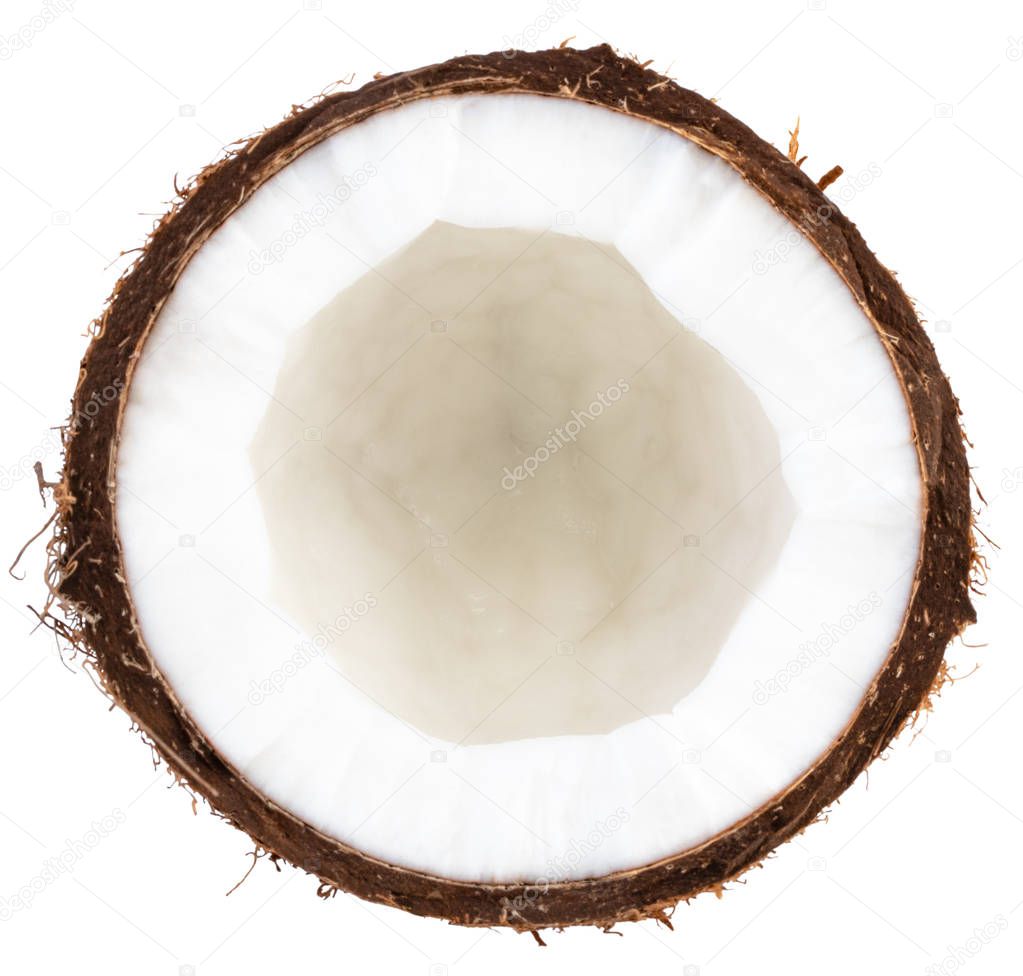Half coconut top view isolated on white