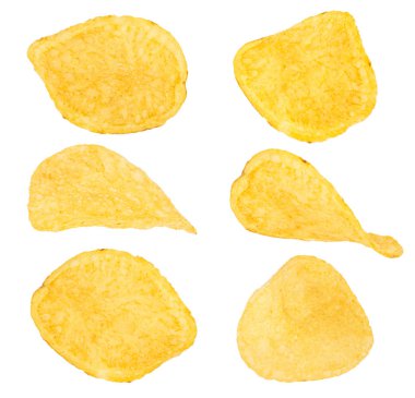 Beyaz bir arka planda izole patates cips. Koleksiyon