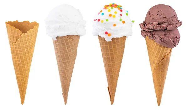 와플 콘에 아이스크림의 다른 종류는 휘트에 고립 — 스톡 사진