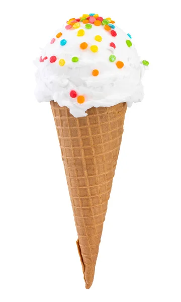 Ванільне морозиво в конусі на білому тлі з відсіканням — стокове фото