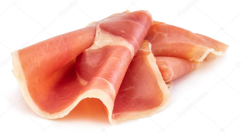 Italian prosciutto crudo or jamon. Raw ham. Isolated on white ba