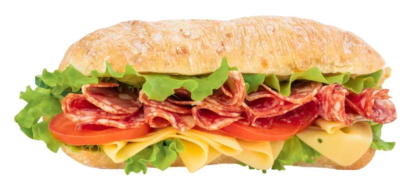 Ciabatta sandwich with lettuce, tomatoes prosciutto and cheese i — Stock Photo, Image