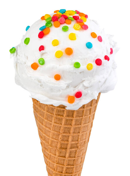 vanilla ice cream in the cone on white background with clipping 