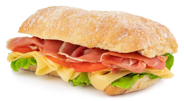 Ciabatta sandwich with lettuce, tomatoes prosciutto and cheese i