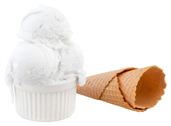 Plate of vanilla ice cream scoops and waffle cones Stock Picture