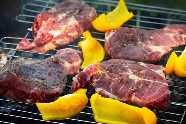 Vlees, steaks met gegrilde groenten op de grill — Stockfoto