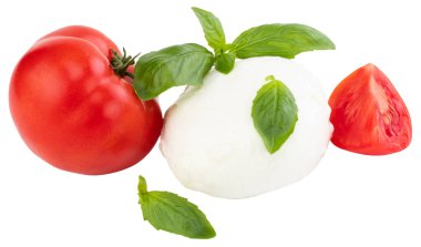 Mozzarella, domates ve clippin ile beyaz arka plan üzerinde fesleğen