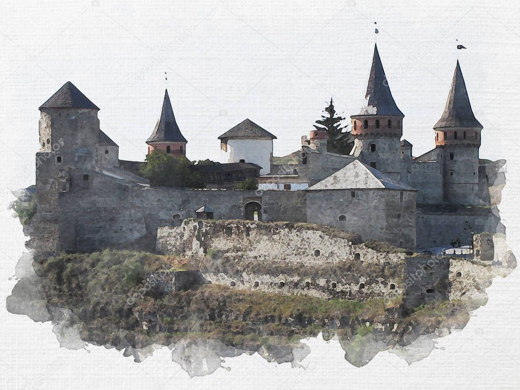 Watercolor illustration of fortress in the old town Kamenetz-Pod