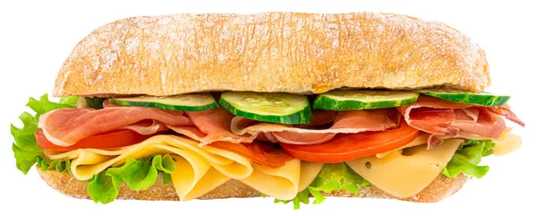 Sandwich de Ciabatta con lechuga, prosciutto de tomate y queso i — Foto de Stock