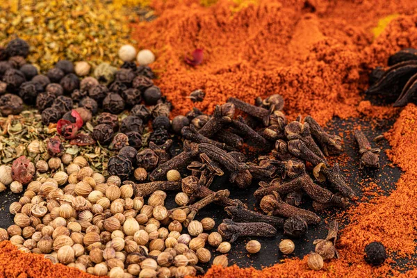 Colourful various  spices on dark background. — Stock Photo, Image