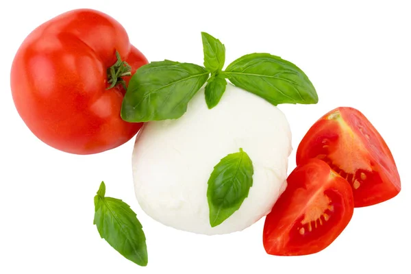 Mozzarella, Tomaten und Basilikum auf weißem Hintergrund mit Clippin — Stockfoto