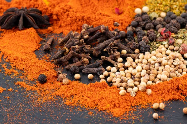 Colourful various  spices on dark background. — Stock Photo, Image