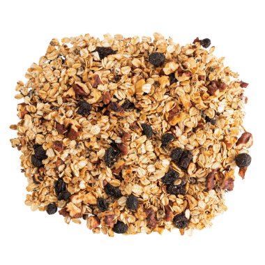 Müsli, granola sağlıklı yemek beyaz arka planda izole edilmiş kırpma yolu ile.