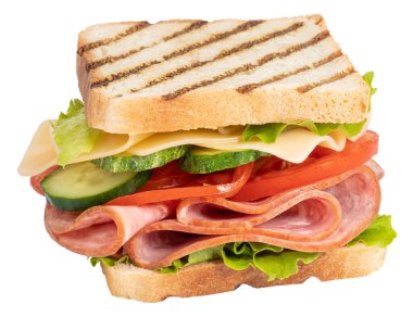 Jambonlu, peynirli, domatesli, marullu ve kızarmış ekmekli sandviç..