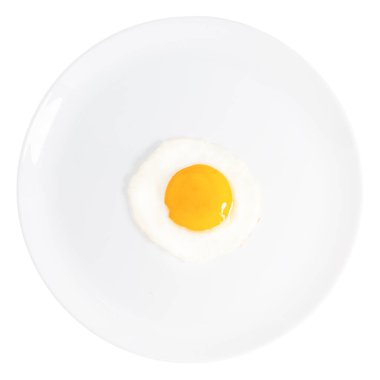 Beyaz arka planda izole bir tabakta sahanda yumurta. Üst görünüm.