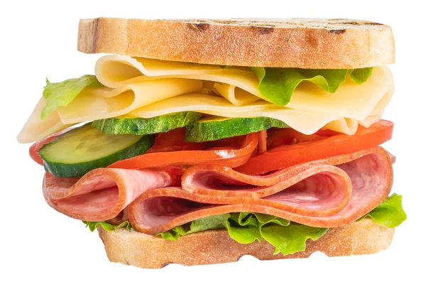 Sandwich Met Ham Kaas Tomaat Sla Geroosterd Brood Geïsoleerd Een — Stockfoto