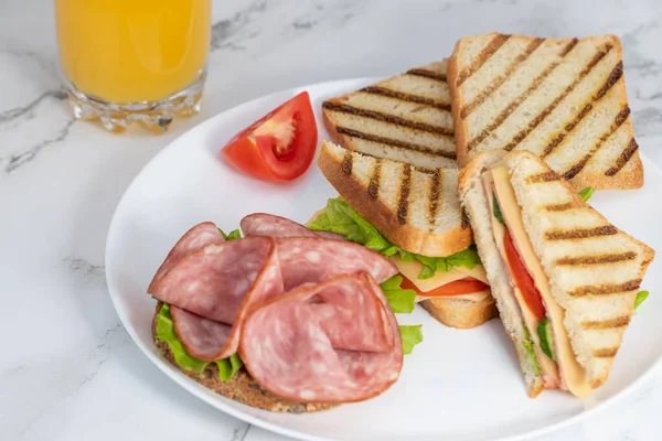 Breakfast Ham Cheese Sandwiches Orange Juice — Stock Photo, Image