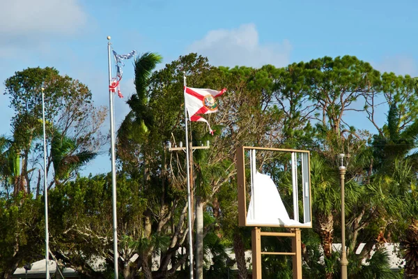 Kalıntıları Bize Parçalanmış Florida State Bayrakları Rüzgarda Kasırga Irma Sonrasında — Stok fotoğraf