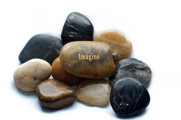Uma Pedra Rio Polida Marrom Com Palavra Imagine Uma Pilha — Fotografia de Stock